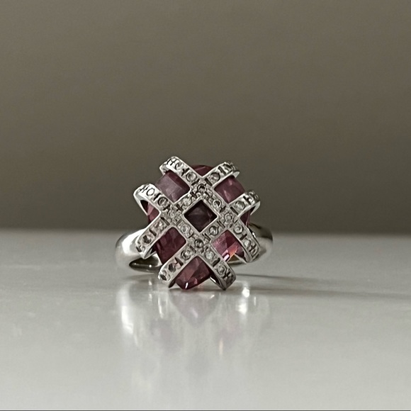 14k white gold pink sapphire and diamond chips ring - Picture 2 of 12
